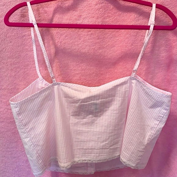 SKIMS Cherry Blossom Pink White Stripe Pajama Tank Cotton Lace Large Pajama Chic - Picture 5 of 12